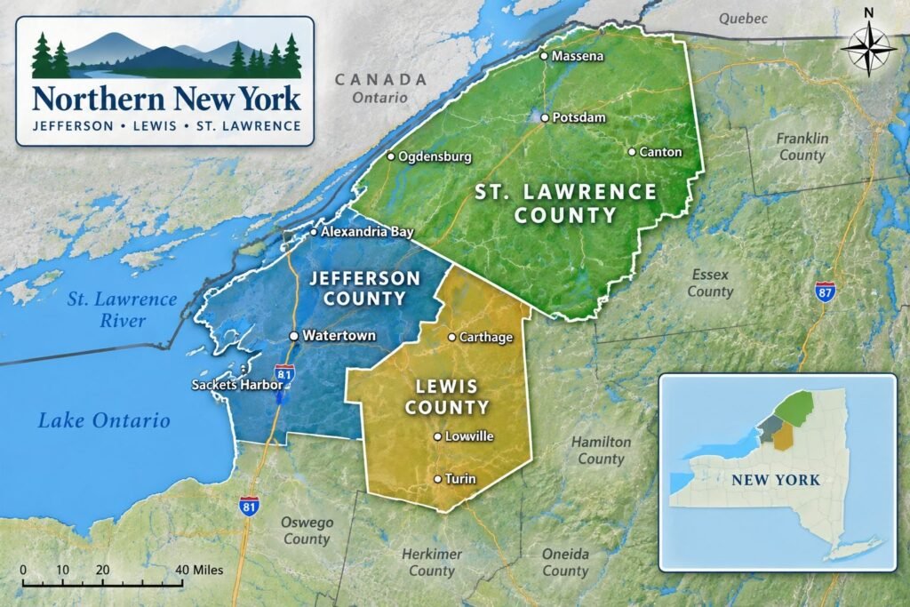 Illustrated map of Northern New York — Jefferson, Lewis and St. Lawrence Counties
