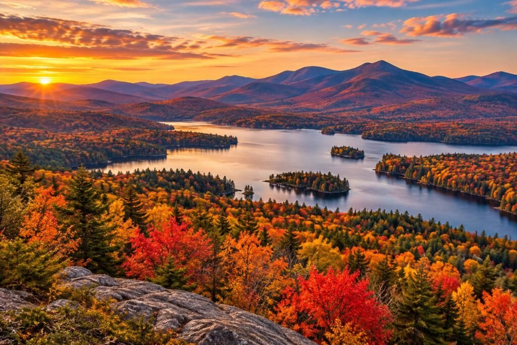 Adirondack lake surrounded by peak fall color