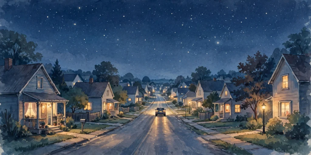 Illustration of a car driving down a quiet small-town street at night under a starry sky