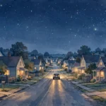 Illustration of a car driving down a quiet small-town street at night under a starry sky