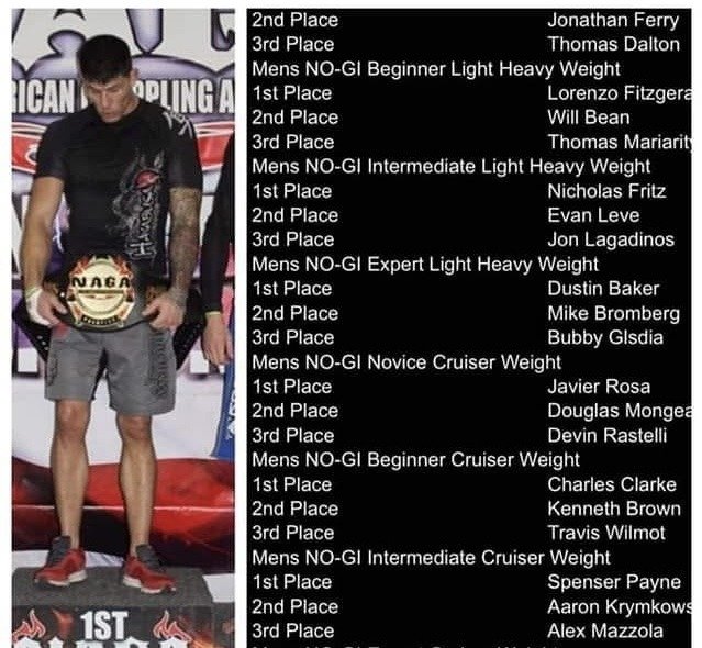 Dustin Baker on the NAGA podium holding the championship belt, beside the official Boston 2016 results listing him first in the men's no-gi expert light heavyweight division
