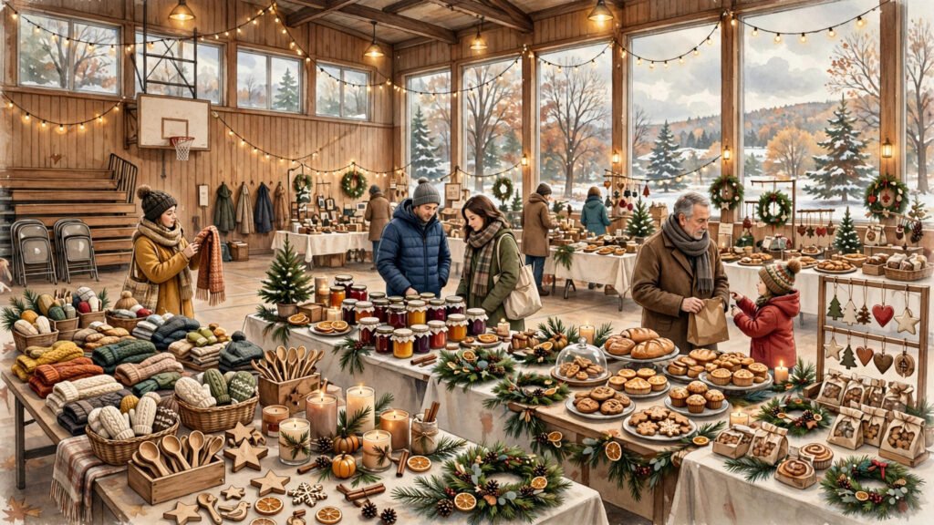 Illustration of a craft fair inside a school gymnasium, with vendor tables of knitted goods, jams, baked goods and holiday wreaths
