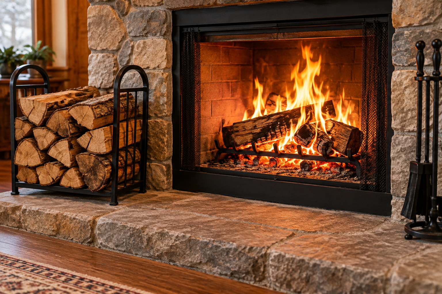 Stone fireplace with a fire burning and seasoned firewood stacked nearby