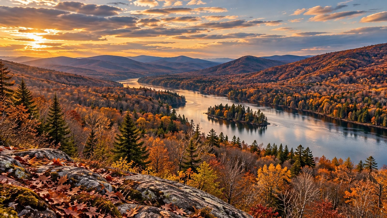 Adirondack foothill river valley in late-season fall color