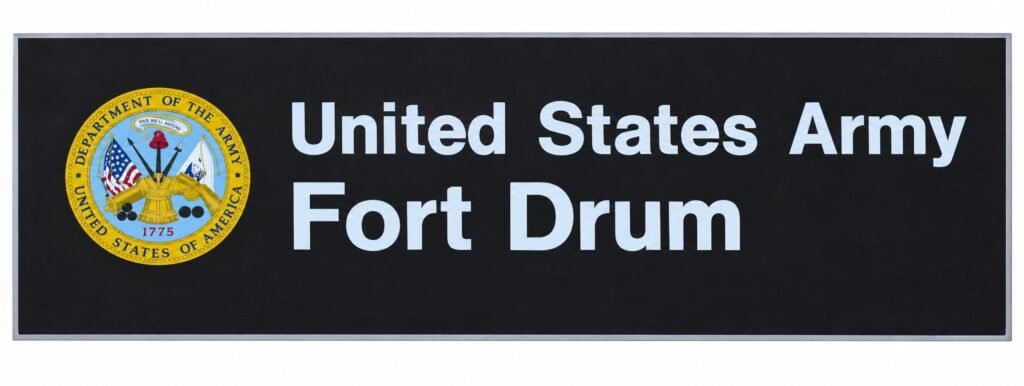 United States Army Fort Drum entrance sign with the Department of the Army seal