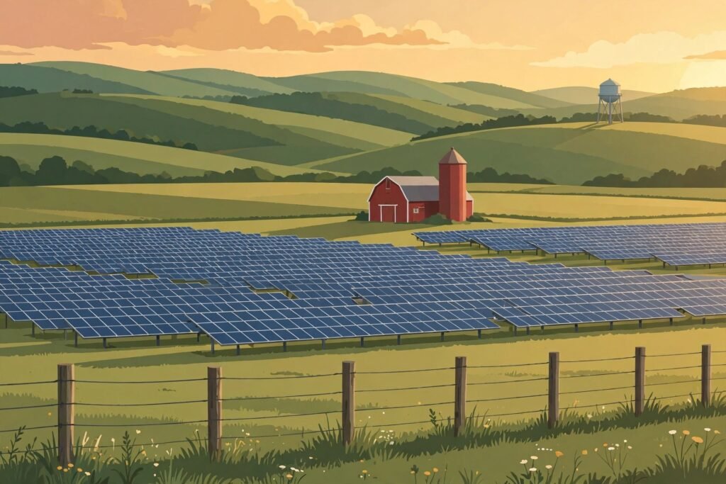 Solar panels in North Country farmland. (AI-generated illustration)