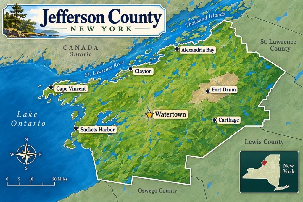 Illustrated map of Jefferson County, New York