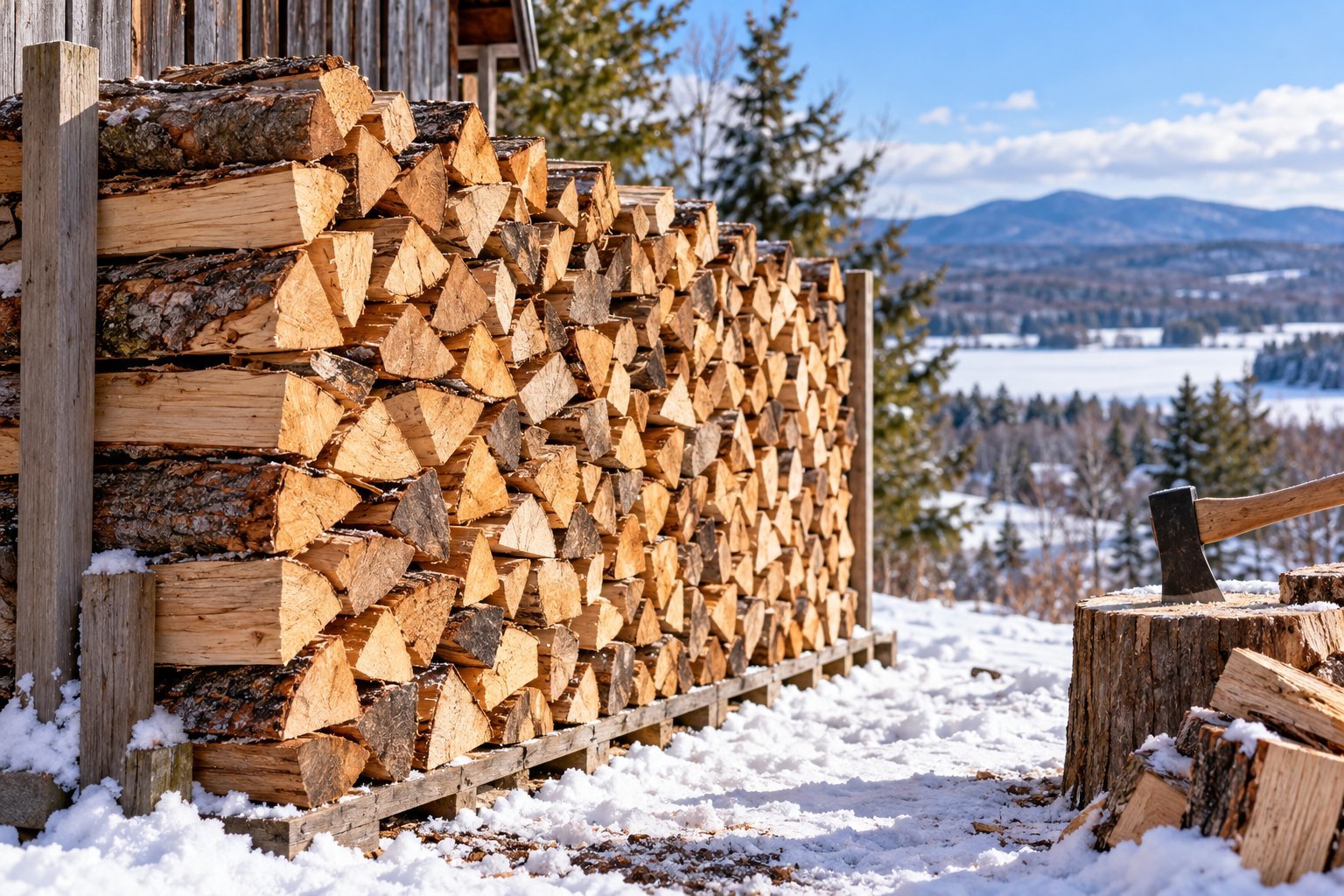 A properly stacked supply of firewood, ready for a North Country winter