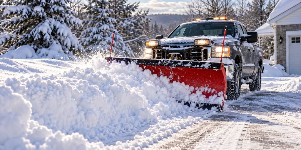 Pickup truck with a red snow plow clearing a snowy residential driveway, snow-covered evergreen trees alongside the drive