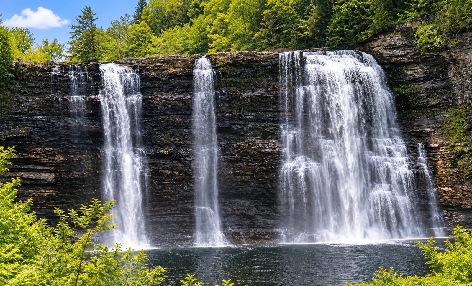 A waterfall pouring over a layered rock ledge into a pool, surrounded by green forest