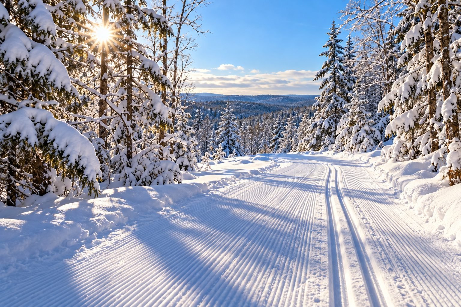 Groomed cross-country ski tracks through a snow-covered forest