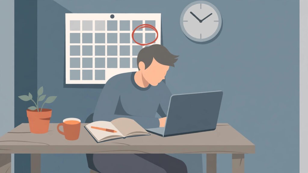 Illustration of a person certifying for unemployment benefits on a laptop, with a notebook and a calendar