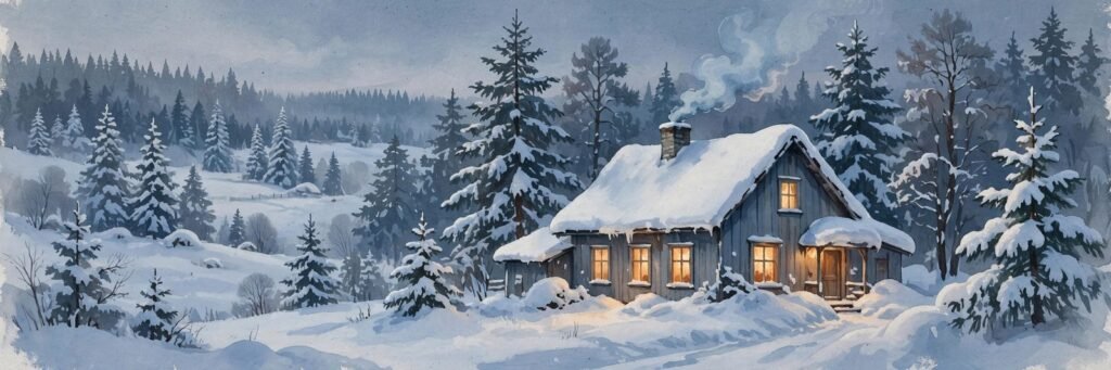 Illustration of a snow-covered farmhouse at dusk, smoke rising from the chimney and warm light in the windows