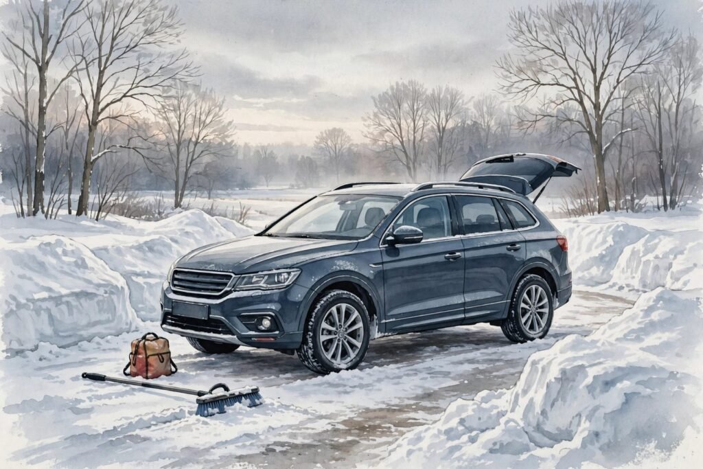 Illustration of an SUV in a snowy driveway with a snow brush and emergency kit bag beside it