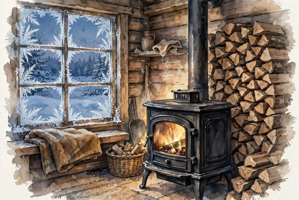 Illustration of a cast-iron wood stove with a fire burning, a tall stack of firewood, and frost on the window